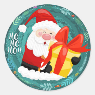 Adesivo Redondo Papai Noel segurando caixas de presentes Natal