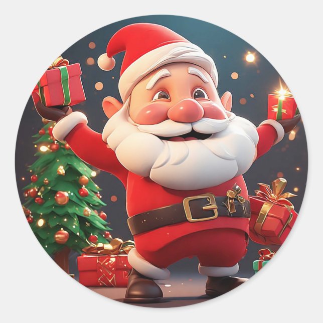 Adesivo Redondo Papai Noel segurando presente (Frente)