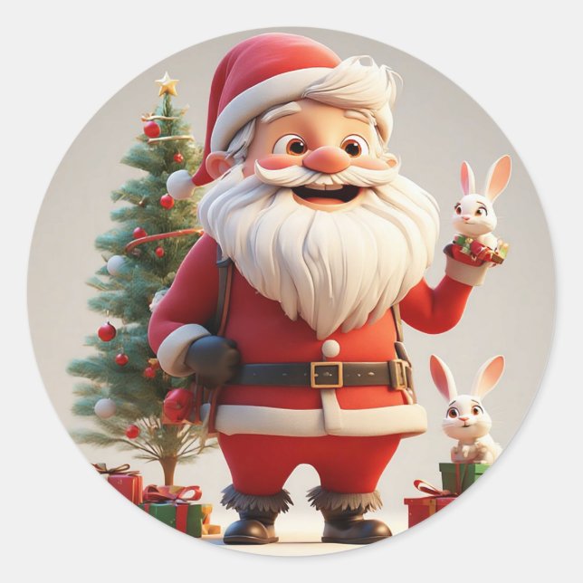 Adesivo Redondo Papai Noel segurando presente com coelhos (Frente)