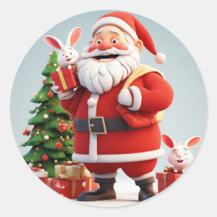 Adesivo Redondo Papai Noel segurando presente com coelhos