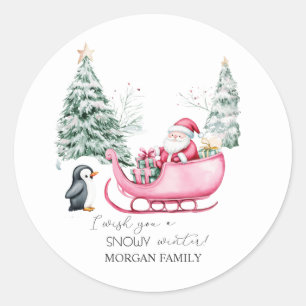 Adesivo Redondo Papai Noel, Sleigh, Pinguim, Floresta