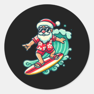 Adesivo Redondo Papai Noel Surfando Férias de Natal Tropical no 