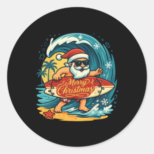 Adesivo Redondo Papai Noel Surfando Praia Havaiana Natal Em Julho