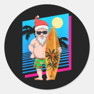 Adesivo Redondo Papai Noel Surfista de Verão Havaiano Natal Divert