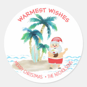 Adesivo Redondo Papai Noel Surfista Tropical Desejos Quentes de Na