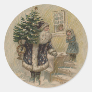Adesivo Redondo Papai Noel Vintage Árvore de Natal na Neve