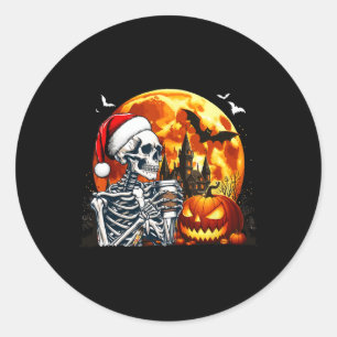 Adesivo Redondo Papais noeis Bebendo esquelético Café Halloween Ca