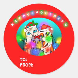 Adesivo Redondo Papais noeis bonitos Gatos Vinhetas de Natal / Eti