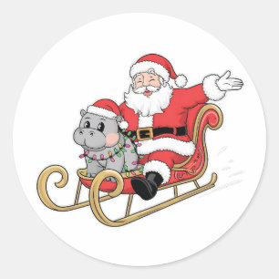 Adesivo Redondo Papais noeis cavalgando com um bebê Moo Deng Hippo