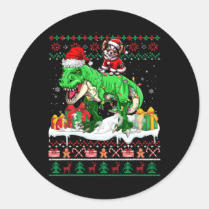 Adesivo Redondo Papais noeis Chihuahua Riding T-rex Christmas Swea
