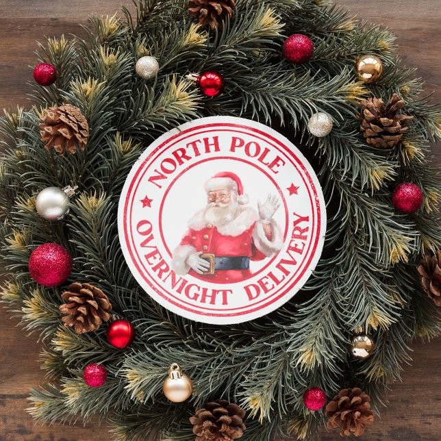 ADESIVO REDONDO PAPAIS NOEIS CHRISTMAS NORTH POLE ENTREGA OVERNIGH (santa illustration north pole overnight delivery christmas holiday gift stickers)