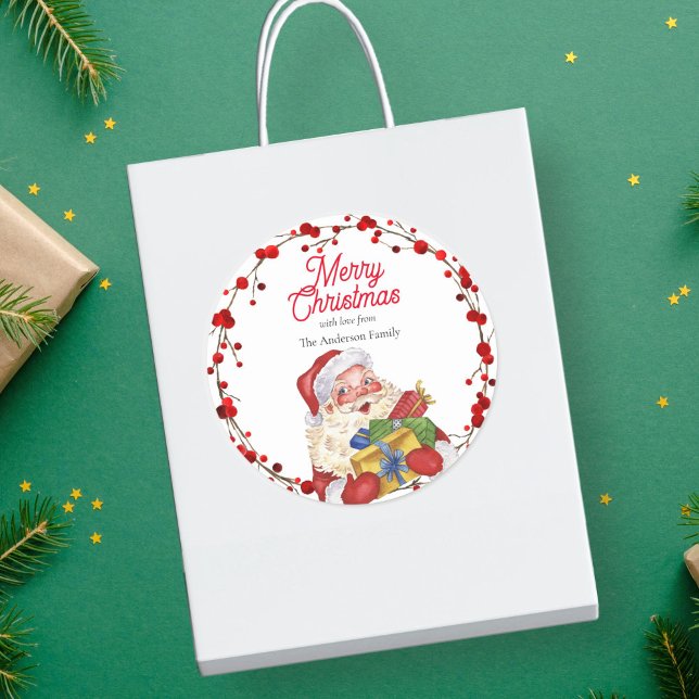 Adesivo Redondo Papais noeis com dons de aquarela personalizados (Santa with gifts watercolor personalised classic round sticker)