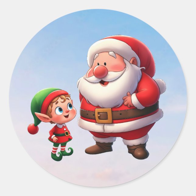 Adesivo Redondo Papais noeis conversando com um Elf de Natal bonit (Frente)