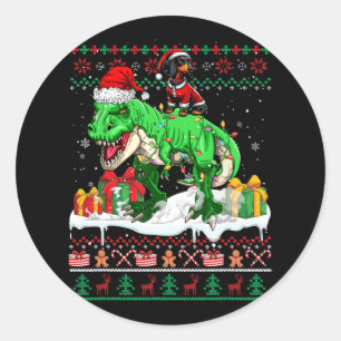 Adesivo Redondo Papais noeis Dachshund Riding T-rex Christmas Swea