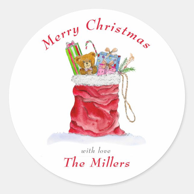Adesivo Redondo Papais noeis de Aquarela - Gift Bag Natal (Frente)