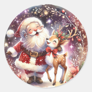 Adesivo Redondo Papais noeis de Aquarela, Reindeer, Fita de Natal