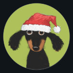 Adesivo Redondo Papais noeis de Cachorro Engraçados | Natal Dachsh<br><div class="desc">Um doce adesivo de Natal do amante Dachshund, excelente para selar presentes e envelopes nesta temporada de festas. Adorável cão preto e cabeludo bronzeado vestindo um chapéu de Papai Noel. Uma ilustração original de um desenho animado por ©Jenn Inashvili. Visite o Doodle World de Jenn para ver alguns presentes originais...</div>
