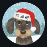 Adesivo Redondo Papais noeis de Dachshund Cachorro Cachorro Com Ca<br><div class="desc">Espalhe a alegria de férias com este adorável adesivo de Natal! O adesivo apresenta um dachshund gravado ilustrado vestindo um chapéu vermelho brilhante de Papai Noel com um caimento branco. HO HO HO pode ser personalizado com nome ou outro texto. Estes autocolantes podem ser utilizados para selar envelopes ou embalagens...</div>