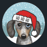 Adesivo Redondo Papais noeis de Dachshund Cachorro de Wiener Cujo<br><div class="desc">Espalhe a alegria de férias com este adorável adesivo de Natal! O adesivo apresenta um dachshund ilustrado de maçã-mala vestindo um chapéu vermelho brilhante de Papai Noel com um caimento branco. HO HO HO pode ser personalizado com nome ou outro texto. Estes autocolantes podem ser utilizados para selar envelopes ou...</div>