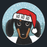 Adesivo Redondo Papais noeis de Dachshund Pretos e Tan Personaliza<br><div class="desc">Espalhe a alegria de férias com este adorável adesivo de Natal! O adesivo apresenta um dachshund preto e bronzeado ilustrado, vestindo um chapéu vermelho brilhante de Papai Noel com forma branca. HO HO HO pode ser personalizado com nome ou outro texto. Estes autocolantes podem ser utilizados para selar envelopes ou...</div>