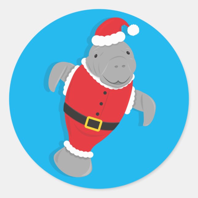 Adesivo Redondo Papais noeis de desenho animado Manatee Natal (Frente)