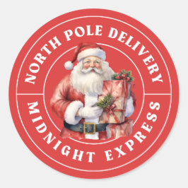 Adesivo Redondo Papais noeis de Entrega do Polo Norte Vermelho