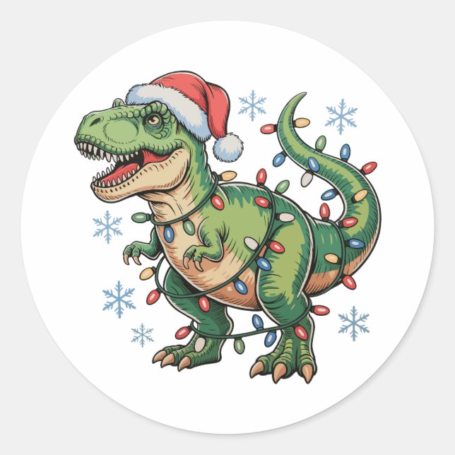 Adesivo Redondo Papais noeis de Luzes de Natal do Dinossauro T Rex (Frente)