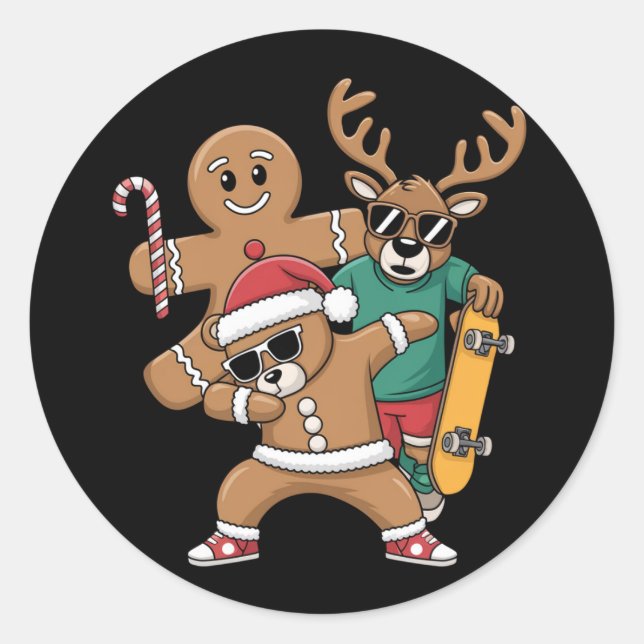 Adesivo Redondo Papais noeis de Natal Bear Skate Reindeer Xmas (Frente)