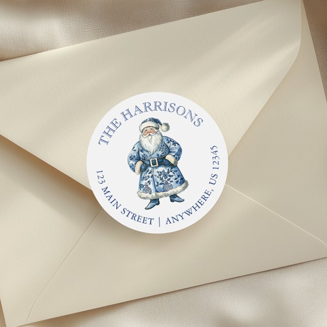 Adesivo Redondo Papais noeis de Natal da Chinoiserie Azul e Branca (Criador carregado)