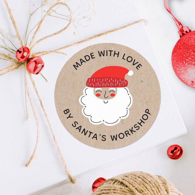 Adesivo Redondo Papais noeis de Natal feitos com amor Entrega Espe (A cute Santa's workshop sticker for decorating your Christmas packages)
