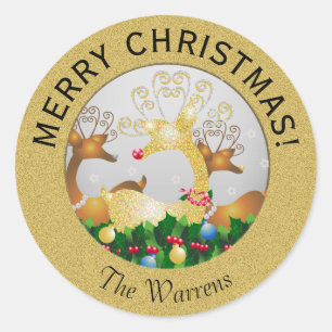 Adesivo Redondo Papais noeis De Natal Reindeer Flocos De Neve Fest