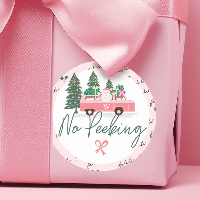 Adesivo Redondo Papais noeis de Natal Rosa sem Pequim (No Peeking Vintage Pink Christmas Van Santa Classic Round Sticker)