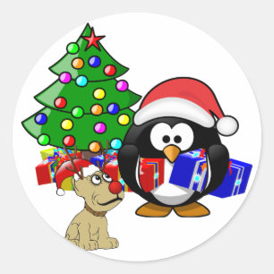 Adesivo Redondo Papais noeis de pinguins e Cão-de-Reindeer