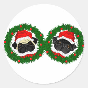 Adesivo Redondo Papais noeis de Pug Preto e Pug Culpados de Natal