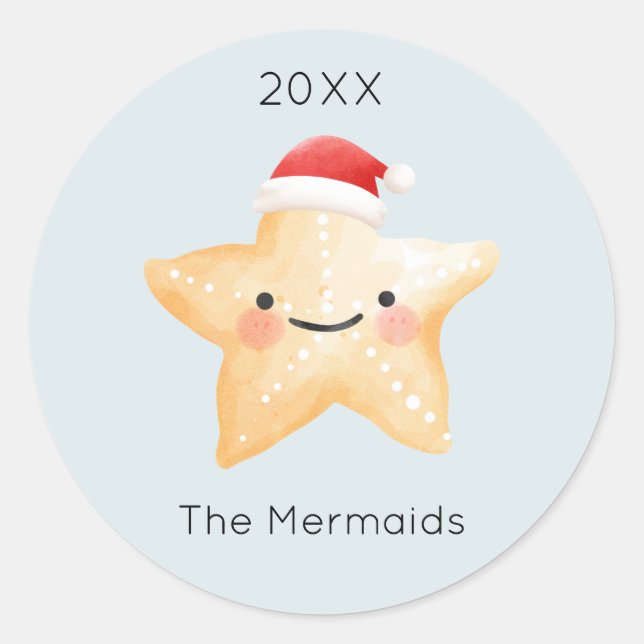 Adesivo Redondo Papais noeis de Starfish com Aquarela Natal (Frente)