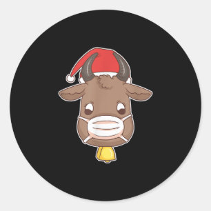 Adesivo Redondo Papais noeis de Vaca de Natal Vestindo Fazenda de