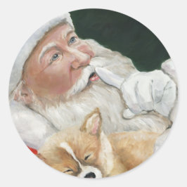 Adesivo Redondo Papais noeis e Corgi Pup Christmas Sticker