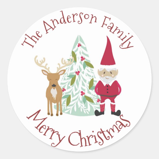 Adesivo Redondo Papais noeis e Reindeer Feliz Natal com Nome (Frente)