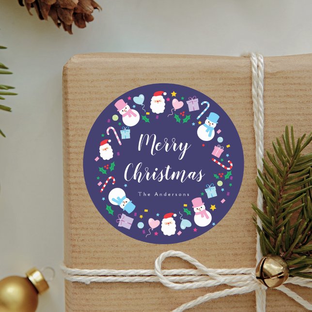 Adesivo Redondo Papais noeis elegantes Snowman Candy Cane Wreath d (Criador carregado)