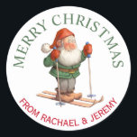 Adesivo Redondo Papais noeis Elf em Skis Felry Christmas<br><div class="desc">Um belo adesivo de Natal para presentes,  pacotes,  cartões de Natal,  favoritos para festas e muito mais,  este design apresenta um texto circular em torno de uma ilustração colorida de um elfo sobre esquis. Edite os nomes mostrados com seus próprios nomes ou outro texto.</div>