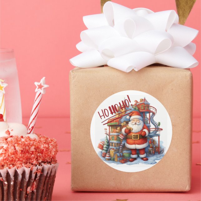 Adesivo Redondo Papais noeis em sua fábrica de brinquedos (Festa)