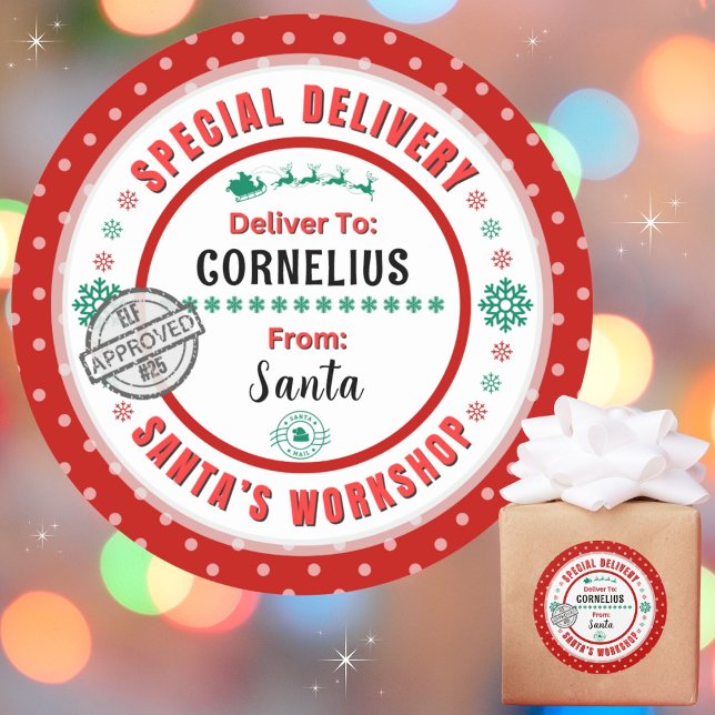 Adesivo Redondo Papais noeis especiais de entrega para rótulo verd (Personalize with a name. Recommend 3", matte, if you choose to write in names. Avail in many colors.)