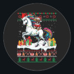 Adesivo Redondo Papais noeis Franceses Bulldog Andando Unicorn no<br><div class="desc">Papais noeis do Bulldog Francês Andando no Unicórnio,  Proprietário do Sweater de Natal</div>