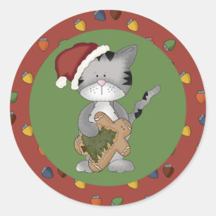 Adesivo Redondo Papais noeis Gato com Homem de Gingerbread