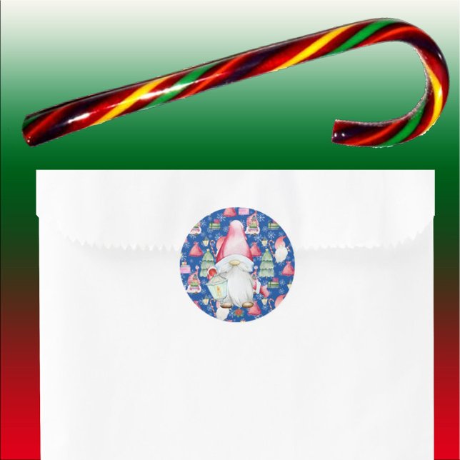 Adesivo Redondo Papais noeis Gnome para Natal Padrão Azul (Santa Gnome for Holidays Christmas Pattern Blue Classic Round Sticker)