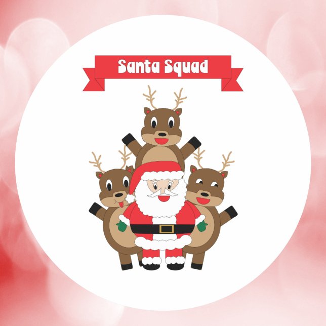 Adesivo Redondo Papais noeis Humor de Reinador de Natal Esquadrado (A sticker featuring Santa and reindeer in a funny pose with a banner that says Santa Squad.)