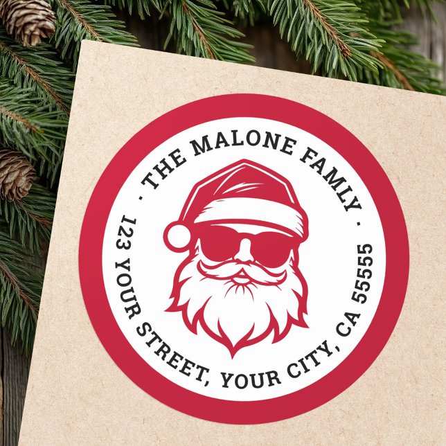 Adesivo Redondo Papais noeis legal com óculos escuros endereço de  (Cool Santa in sunglasses red return address Classic Round Sticker)