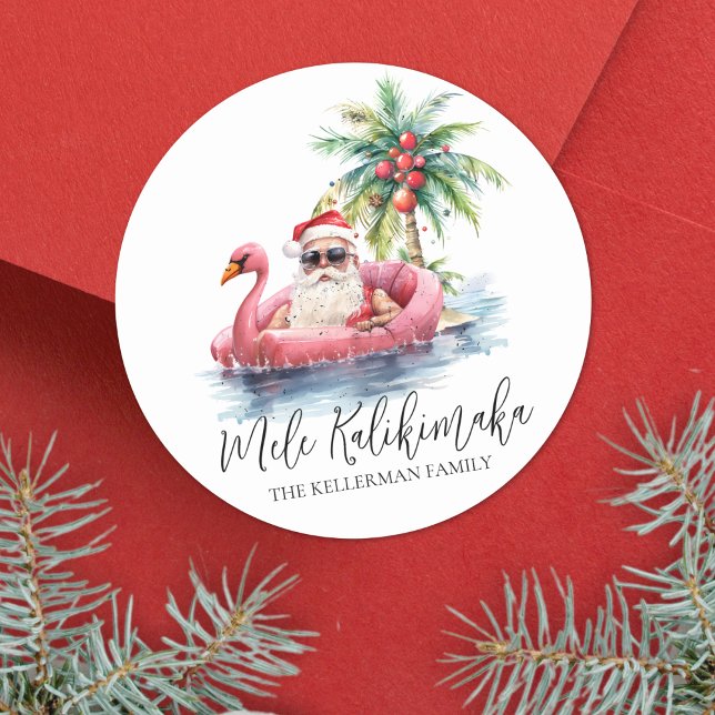 Adesivo Redondo Papais noeis praia tropical Mele Kalikimaka Natal (Santa Tropical Beach Mele Kalikimaka Christmas Classic Round Sticker )