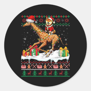 Adesivo Redondo Papais noeis Shiba Inu Riding Giraffe Christmas Sw