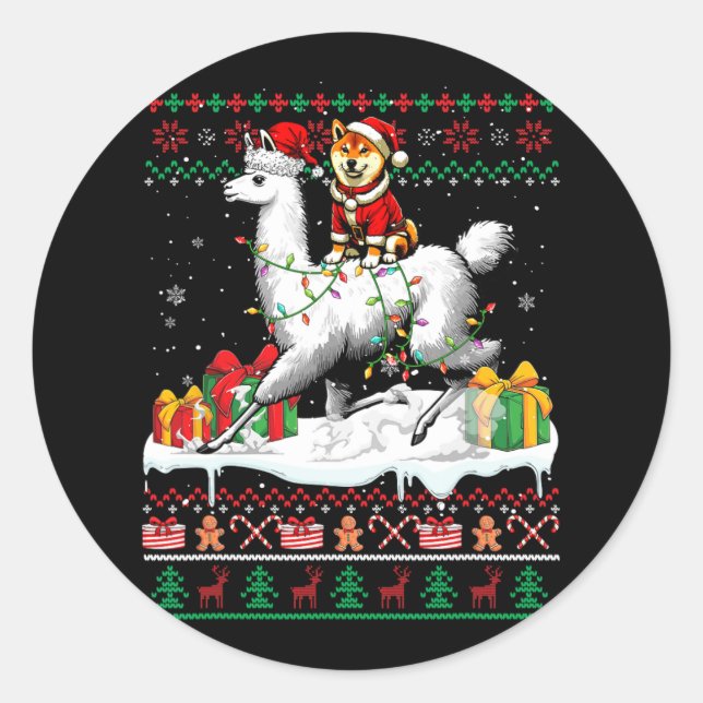 Adesivo Redondo Papais noeis Shiba Inu Riding Llama Christmas Swea (Frente)
